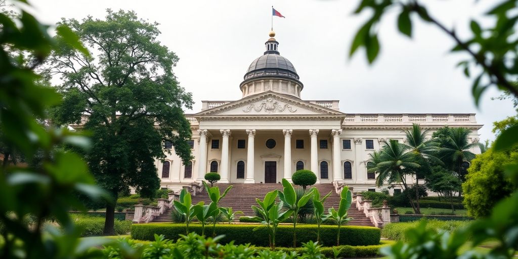 Gedung legislatif Indonesia dikelilingi pepohonan hijau.