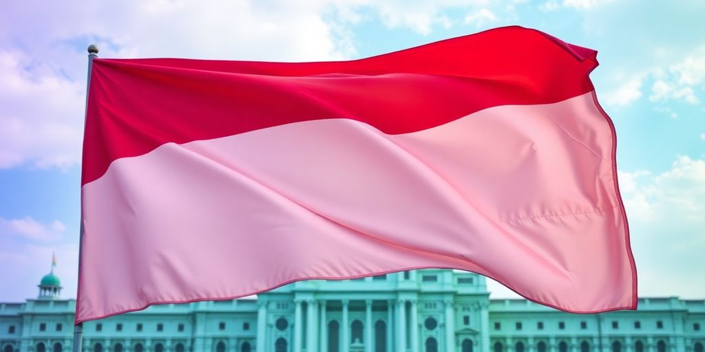 Gambar bendera Indonesia di latar belakang gedung pemerintah.