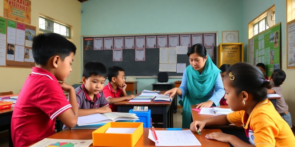 Foto kelas dengan siswa belajar di Indonesia.